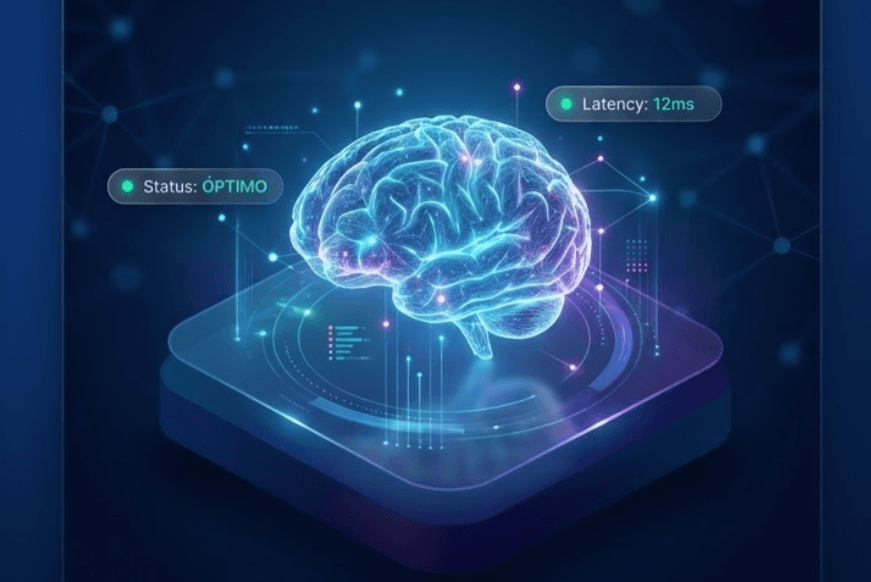 Cerebro holográfico sobre una plataforma tecnológica representando la inteligencia artificial de Bistion